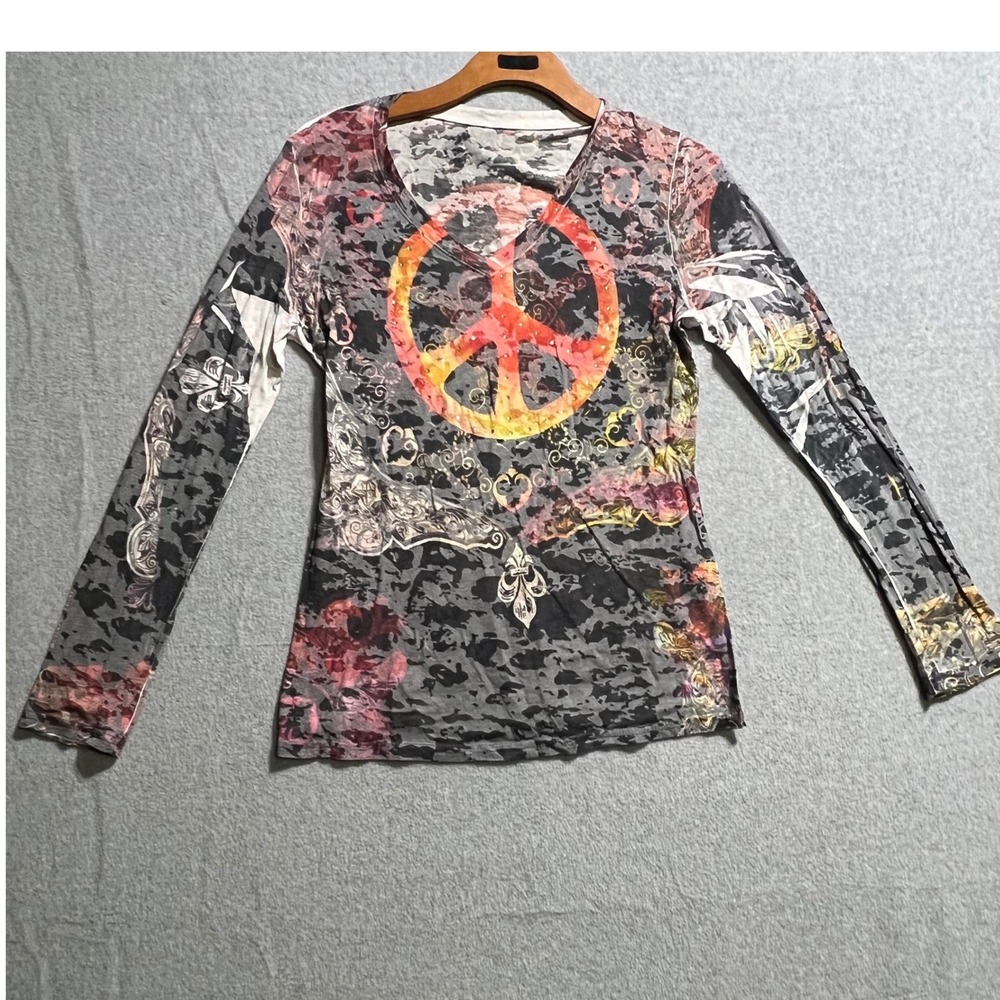 Vintage Y2K Peace Sign Burnout Graphic Long Sleeve Top Gray Orange